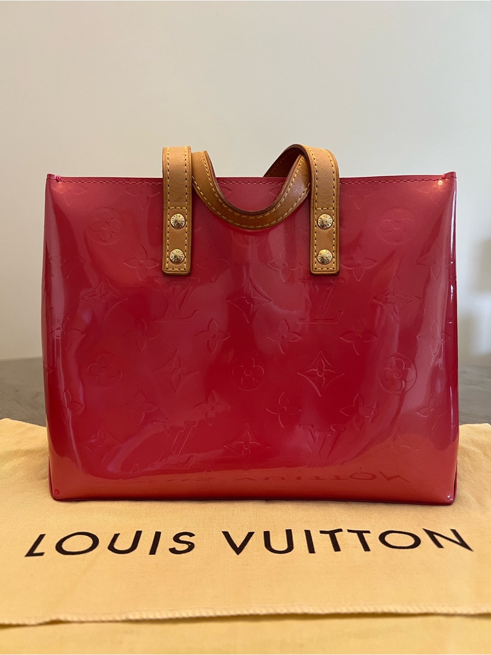 Louis Vuitton Patent Vernis Tote in Glossy Pink with Tan Handles